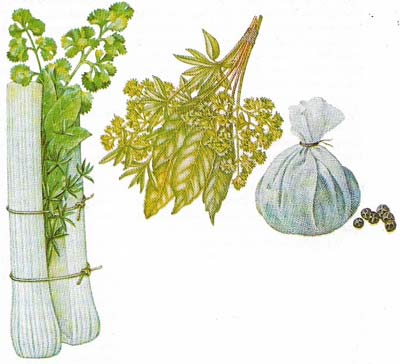 Bouquet garni is the classic flavoring for stocks, soups, and casseroles; it usually consists of parsley sprigs, thyme, and bay leaves tied in muslin or between celery sticks. Rosemary, basil, marjoram, or oregano may be added to give a distinctive flavor. Garlic, peppercorn, and or orange peel can be used as an addition to traditional Provencal casseroles.