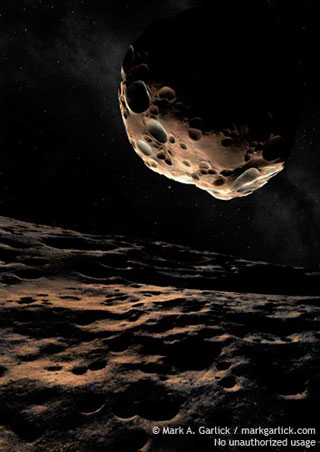 One of the components of the binary asteroid 90 Antiope as seen from the surface of the other, artist's rendering