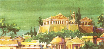 Artist's impression of an Achaean town with an acropolis and other fine buildings