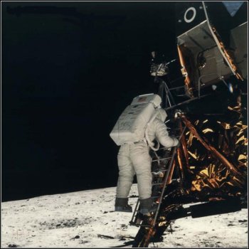 Buzz Aldrin descending ladder of Apollo 11 Lunar Module