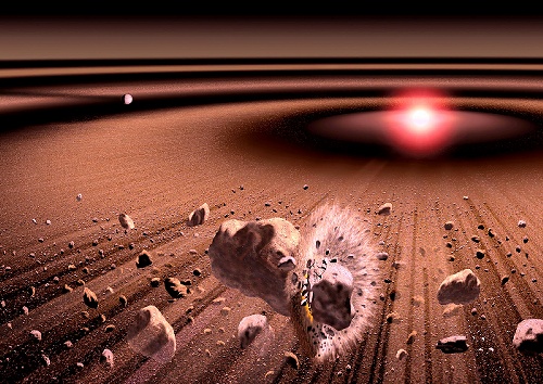 artist's impression of a collision between asteroids in one of the dust rings that surrounds Beta Pictoris