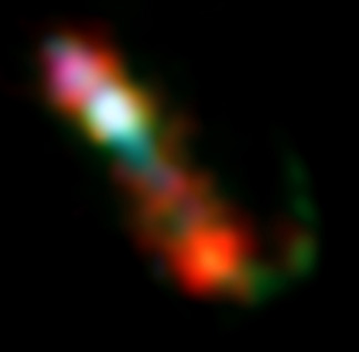 Jet activity in CH Cygni seen in this composite image using data from Chandra, HST, and VLA