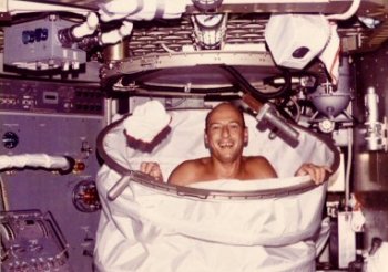 Conrad in the Skylab shower, Skylab II mission