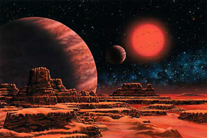 The Gliese 876 system, as seen from 
            a hypothetical moon of the outer planet. Artist: Lynette Cook