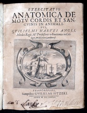 Title page of Harvey's Exercitatio anatomica de motu coris et sanguinis in animalibus