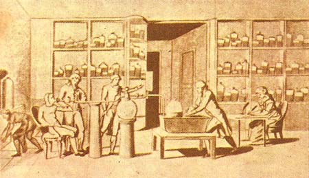 Lavoisier carrying out an experiment on combustion in the human body (from an old print)