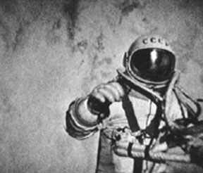 Alexi Leonov conducts the first spacewalk in history on March 18, 1965, during the Voshkhod 2 mission