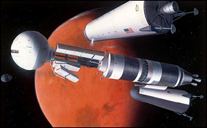 artist impression of a manned nuclear-propelled spacecraft in Mars orbit