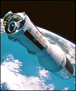 artist impression of a manned nuclear-propelled spacecraft in Earth orbit
