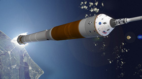 Orion heading for orbit atop its rocket booster