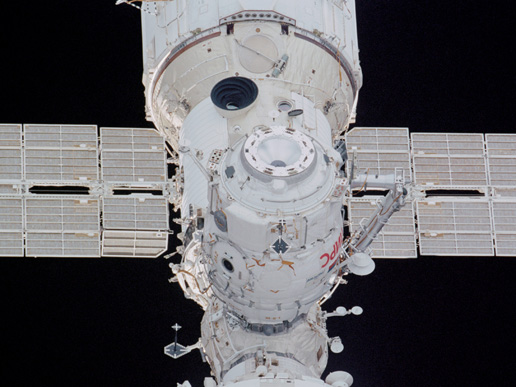 The Pirs Docking Compartment on the ISS photographed by a crewmember aboard the Space Shuttle Endeavour in December 2001