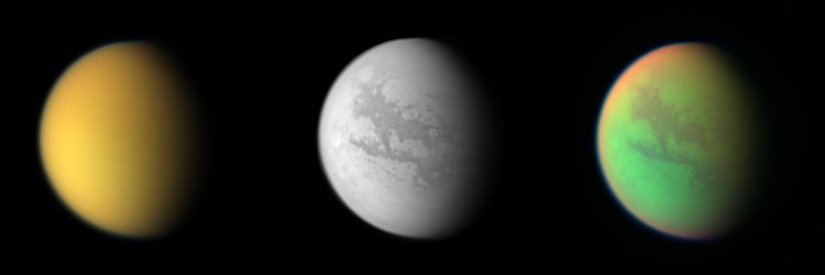 Three views of Titan from observations by the Cassini 
            spacecraft