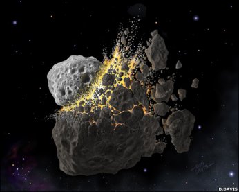 artwork of a collision between asteroids