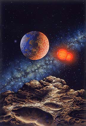 artist's impression of a habitable planet orbiting a binary star