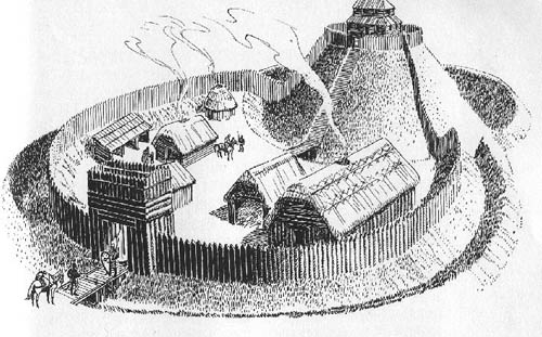 artist's impression of a motte-and-bailey
