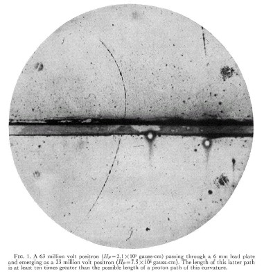 Anderso'ns cloud chamber picture of cosmic radiation from 1932 showing for the first time the existence of the anti-electron that we now call the positron