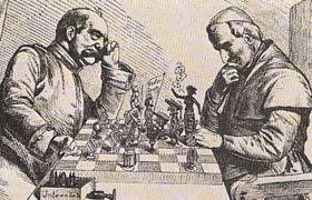 Count Bismarck was a master of diplomatic chess, countering the interdicts of Pope Pius IX (1792-1878) with anti-monastic legislation, as shown on this cartoon of the day.
