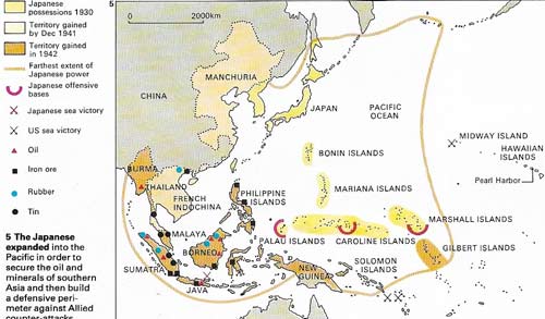 The Japanese expanded into the Pacific in order to secure the oil and minerals of southern Asia and then build a defensive perimeter against Allied counter-attacks.