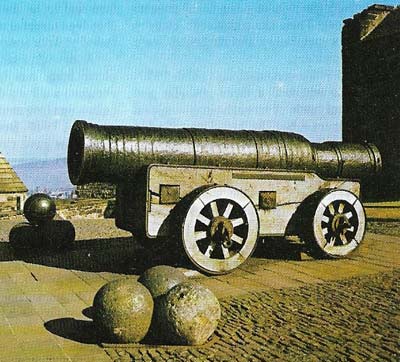 Mons Meg, a welded wrought-iron cannon made in about 1460, can still be seen at Edinburgh Castle in Scotland.