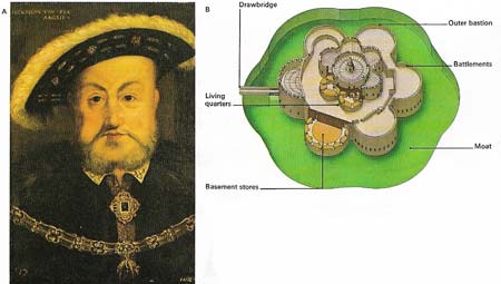 Henry VIII (A) developed the British Navy, founded an arsenal, and took a detailed interest in the development of fortifications (B). He introduced some of his own ideas in fortifications of the north against the Scots and in Boulogne against the French, and encouraged the science of military engineering.