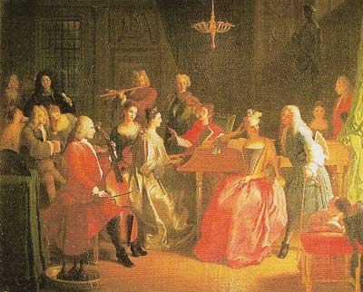 A Musical Evening by Michel Ange (1680-1730). The painting shows a chamber ensemble (harpsichord, cello, violinn, and flute) performing to a group of friends.