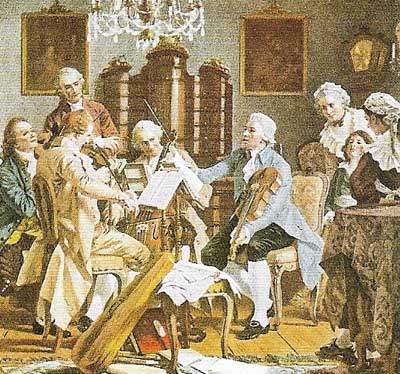 A 19th-century artist's impression of Haydn and friends playing string quartets