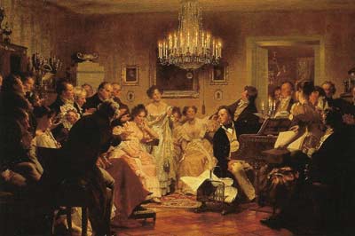 A 'Schubertiad' (Schubert evening) in a Viennese salon. Schubert is at the piano is accompanying the singer Johann Michael Vogl.