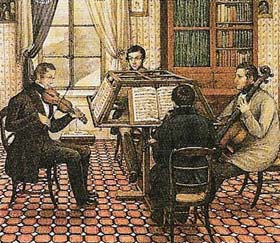 An early 19th-century quartet playing at a quadruple desk especially designed for quartets.
