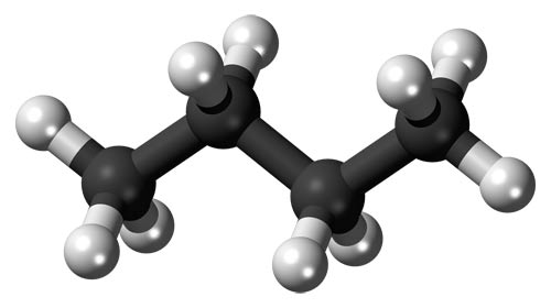 Ball-and-stick model of a butane molecule.
