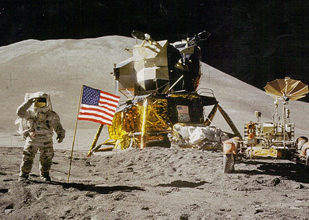James Irwin saluting the American flag on the Moon during the mission of Apollo 11
