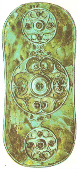The Battersea Shield. This enameled bronze shield, found in the Thames at Battersea, is one of the masterpieces of Celtic art