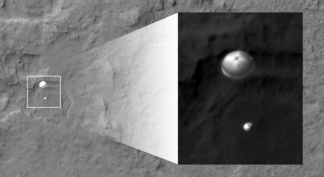 Curiosity's parachute descent as imaged from orbit by Mars Reconnaissance Orbiter