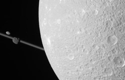 Dione imaged by Cassini from a distance of 69,989 miles (112,636 km)