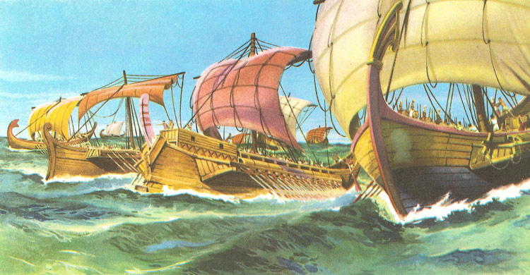 The Greek ships sail across the Aegean Sea to land the expedition on the 
      coast of Asia Minor, before starting the siege of Troy