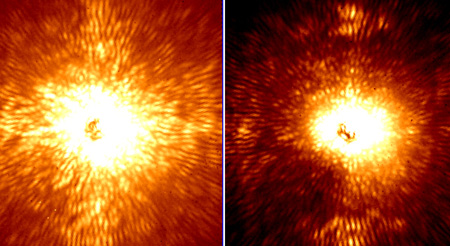 The nearby star HD 157728. In both these images of it, the star is centered but in the right image much of its light has been removed by an adaptive optics system and coronagraph belonging to Project 1640