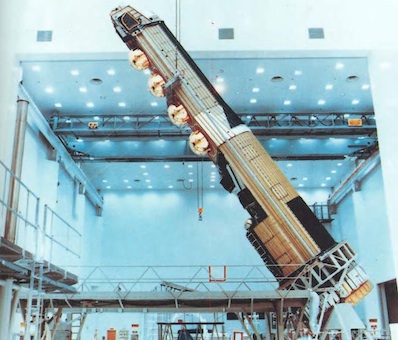 A KH-9 satellite being lifted for testing before launch. Credit: NRO