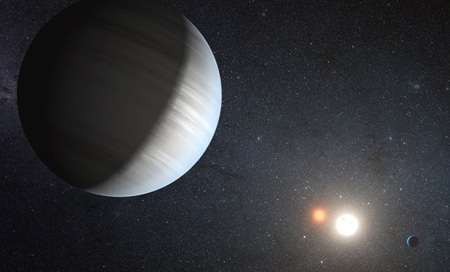 Artwork of Kepler-47 and its planetary system