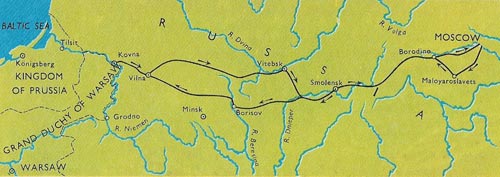 Map showing the route of Napoleon's advance to and retreat from Moscow.