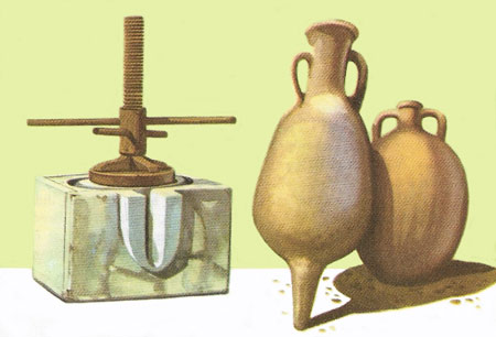 Roman olive press and amphoras.