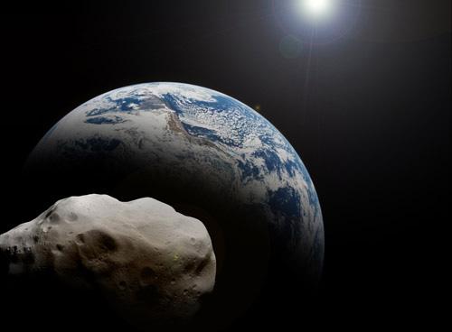 Rendering of a 10-kilometer-wide asteroid approaching Earth