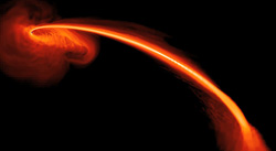 This computer-simulated image shows gas from a tidally shredded star falling into a black hole. Image credit: NASA/JPL-Caltech/JHU/UCSC