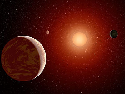 artist's impression of a red dwarf and its planetary system