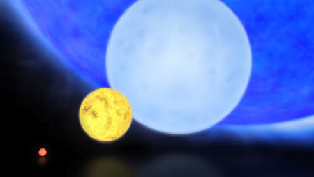 Artist's impression of different-sized stars, from a 0.1 solar-mass red dwarf through a Sun-like star and a blue dwarf of 8 solar masses to the newly-discovered 300 solar mass star R136a1. Image credit: ESO / M. Kornmesser