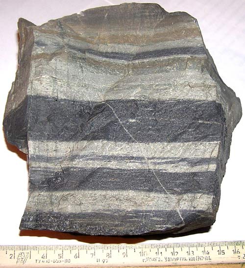 A sample of banded hornfels, formed by contact metamorphism of sandstones and shales by a granite intrusion.