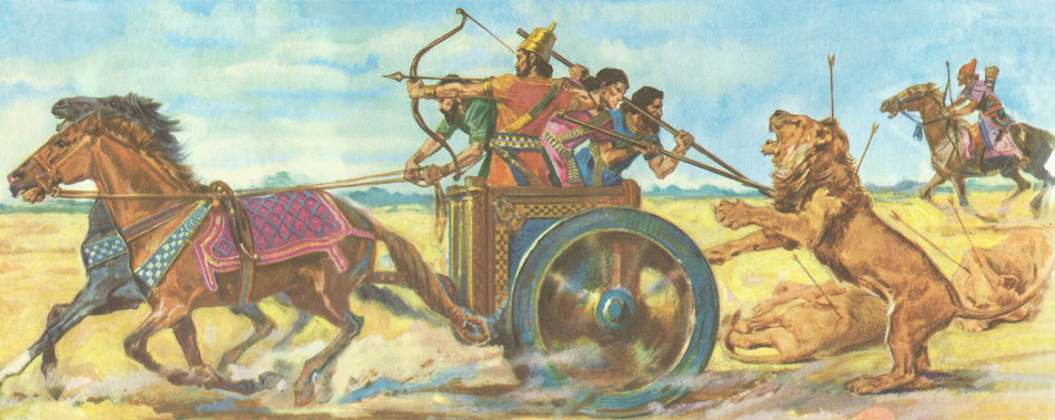 The Assyrian King Assurbanipal (669-626 BC) engaged in a dramatic lion hunt