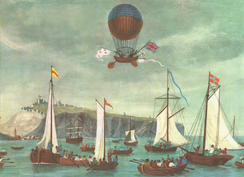 Blanchard and Jefferies departing from Dover Castle on January 7, 1785, to cross the English Channel by air for the first time.