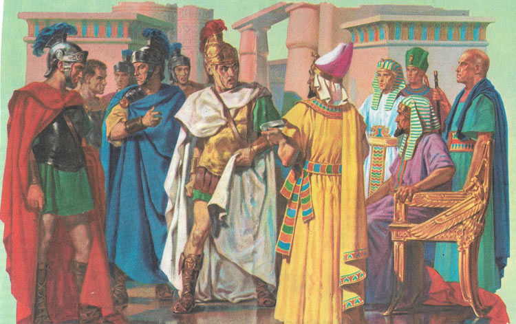 The servants of Ptolemy XIV offer Caesar the severed head of Pompey as a proof of the death of his rival. At this revealing sight Caesar turns away in disgust
