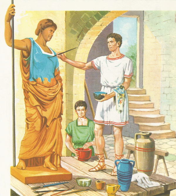 The workshop of a Roman sculptor in the early days of the Republic.  The artist is engaged in painting a terracotta statue