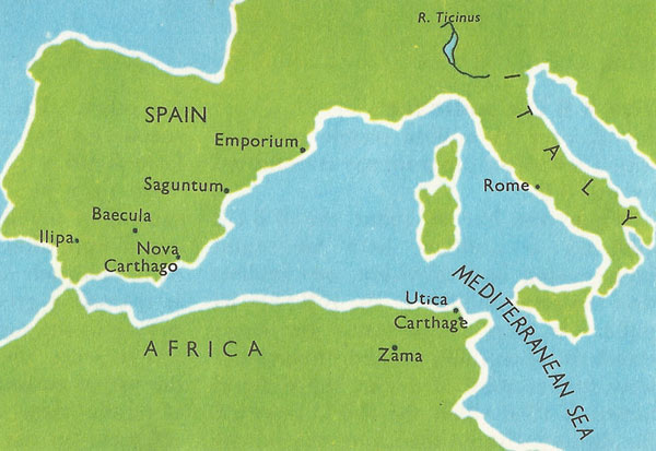Map of Spain and the Mediterranean region at the time of Scipio