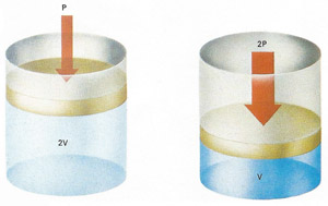When the pressure exerted by the piston is doubled, the gas volume is halved (provided temperature does not change). This is an example of Boyle's law: pressure is inversely proportional to volume